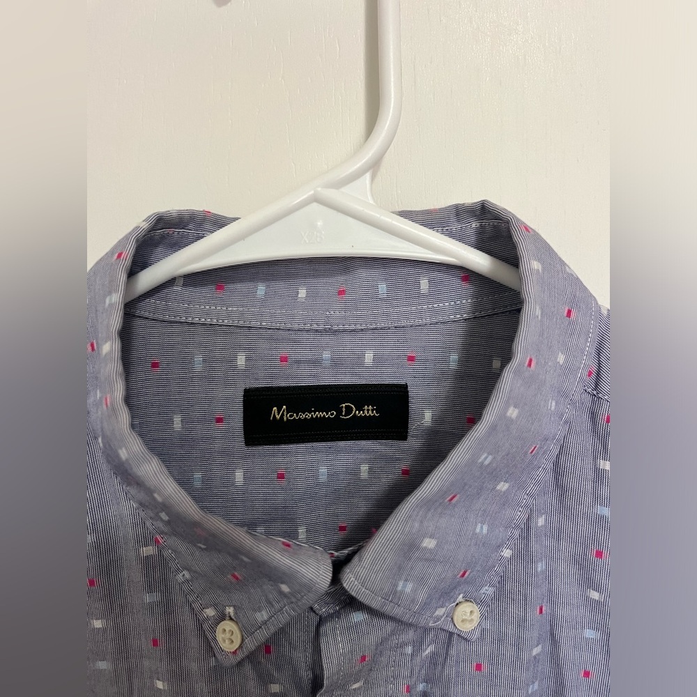 Massimo Dutti Shirt Mens Medium Blue‎ Houndstooth Button Up Cotton - Picture 3 of 8